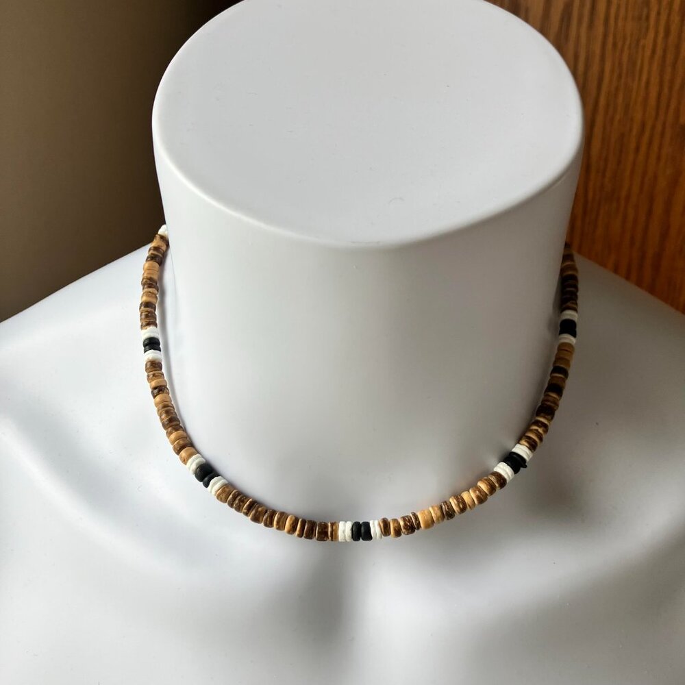 Mens Wooden Choker with Black and White Accents 18.5 inches long + 2 in extender